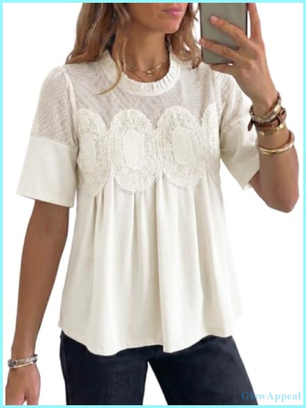 Women's Sheer Lace Embroidered Blouse Flared Short Sleeve Mesh Top